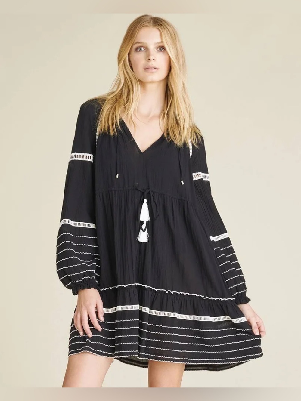 Veronica Beard Danica Black White Eyelet Lace Boho luxe resort Mini Dress Size S